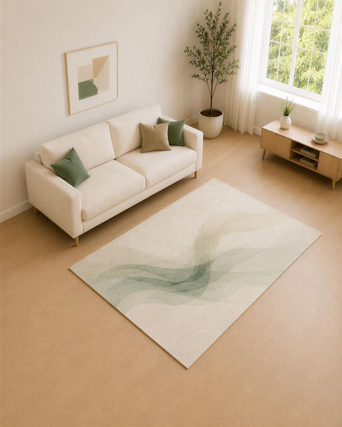 ICE ARMOR 5' x 7' Green and Cream Flowing Ribbons Area Rug for Living Room, Soft Low Pile Carpet with Non-Slip Silicone Backing, Decor for Bedroom and Home Office