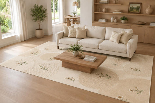 ICE ARMOR Large 6'7" x 9'10" Beige and Ivory Floral Circle Patchwork Area Rug for Living Room, Soft Low Pile Carpet with Non-Slip Silicone Backing, Decor for Bedroom and Home Office