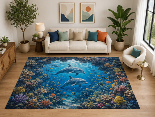 ICE ARMOR "Ultra Light Weight Large 6'7" x 9'10" Dolphin Reef for Living Room, Soft Low Pile Indoor Rug and Non-Slip Silicone Backing, Deep Blue