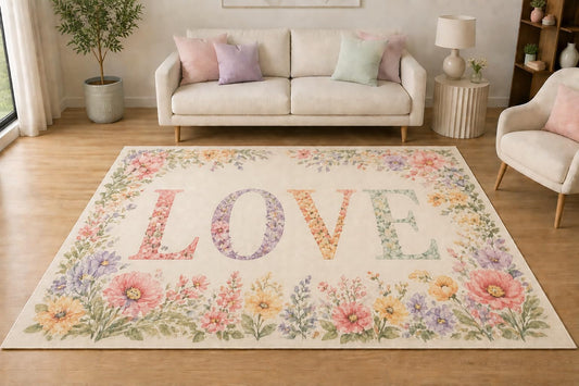 ICE ARMOR 5' x 7' Colorful Floral Love Wreath Area Rug, Soft Low Pile Indoor Rug with Non-Slip Silicone Backing for Living Room, Bedroom, Dining Room, Family Room, Cream Pink Lavender