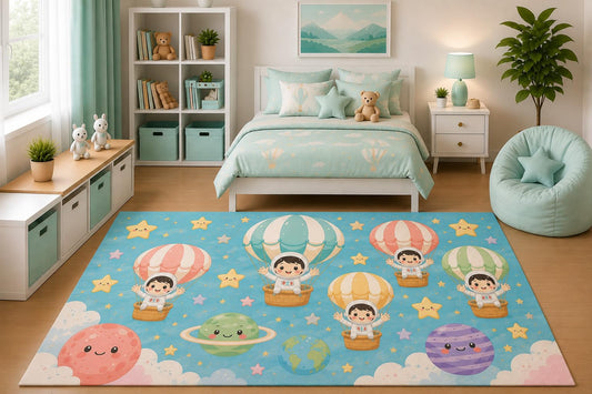 ICE ARMOR 5' x 7' Astronaut Hot Air Balloon Space Area Rug Cute Cartoon Planets Clouds Nursery Bedroom Playroom Decor for Boys and Girls Non-Slip Silicone Backing Low Pile