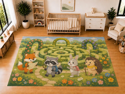 ICE ARMOR "Ultra Light Weight Large 6'7 x 9'10 Garden Maze Animals Area Rug for Kids Room Nursery Playroom Soft Low Pile Indoor Carpet Adventure Activity Floor Decor