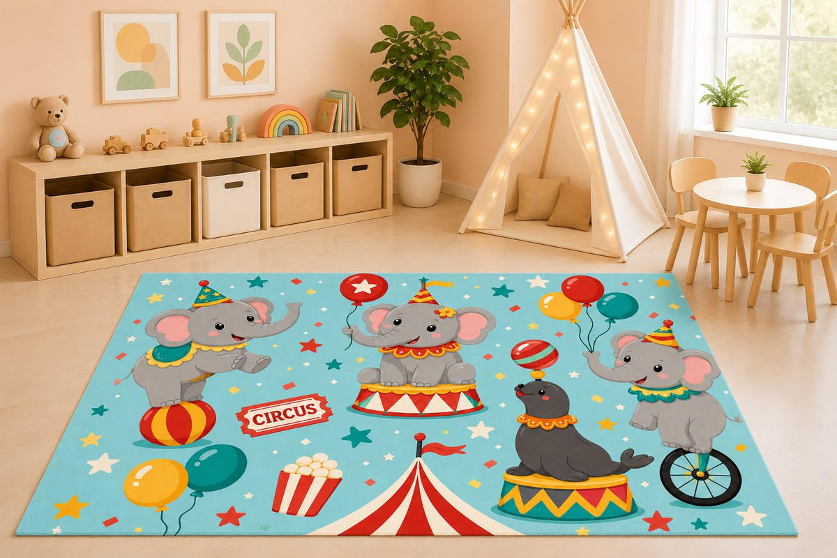 ICE ARMOR 5' x 7' Circus Animals Area Rug for Kids Playroom Nursery Bedroom, Elephant Seal Carnival Show Cartoon Decorative Carpet, Non-Slip Silicone Backing Low Pile