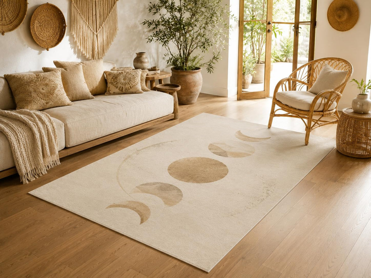 ICE ARMOR 5' x 7' Celestial Moon Phase Area Rug, Soft Low Pile Indoor Rug with Non-Slip Silicone Backing for Living Room, Bedroom, Dining Room, Office, Beige