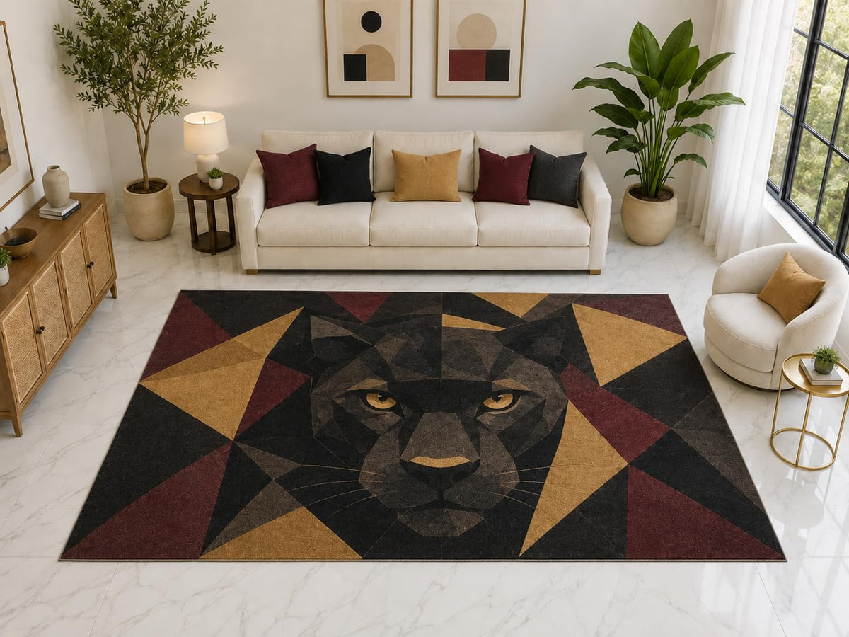 ICE ARMOR "Ultra Light Weight Large 6'7" x 9'10" Black Panther Face Area Rug Carpet Soft Low Pile Indoor Rug and Non-Slip Silicone Backing Black