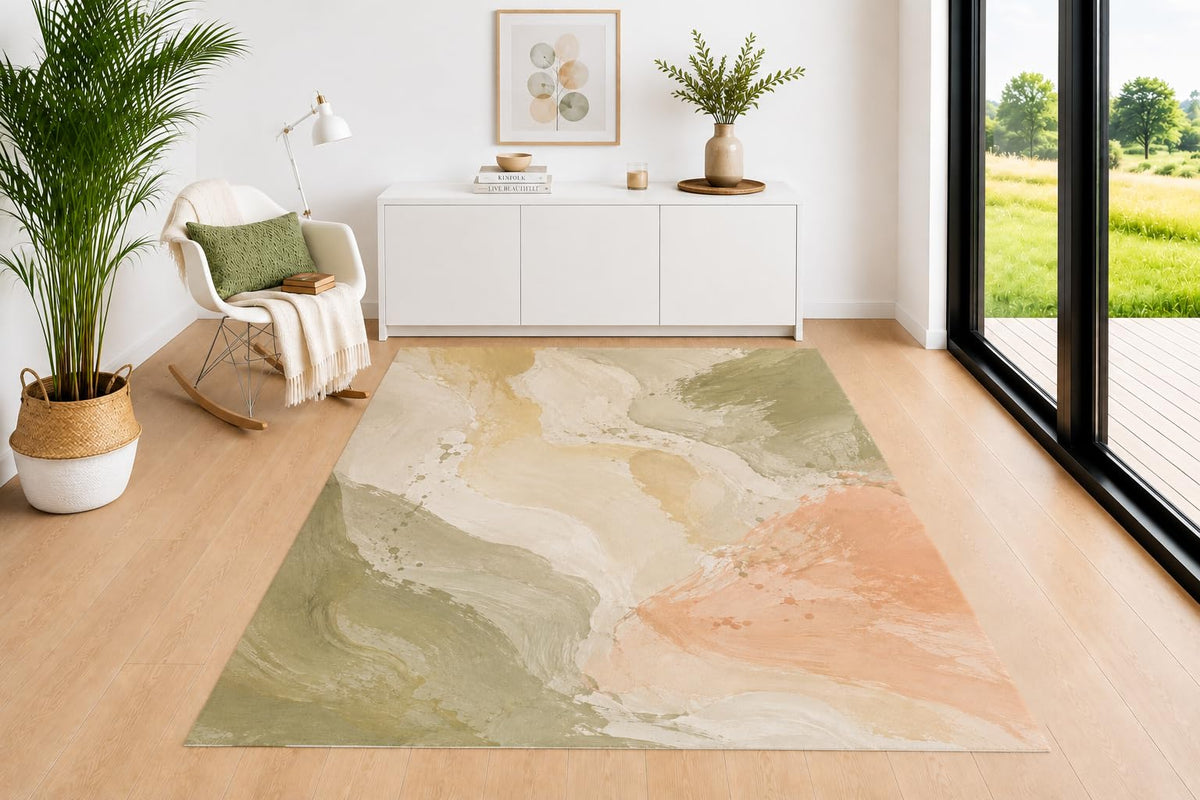 ICE ARMOR 5' x 7' Fluid Art Area Rug, Sage Green Peach Beige and Cream Painterly Composition, Soft Low Pile Carpet for Living Room Office Bedroom Decor