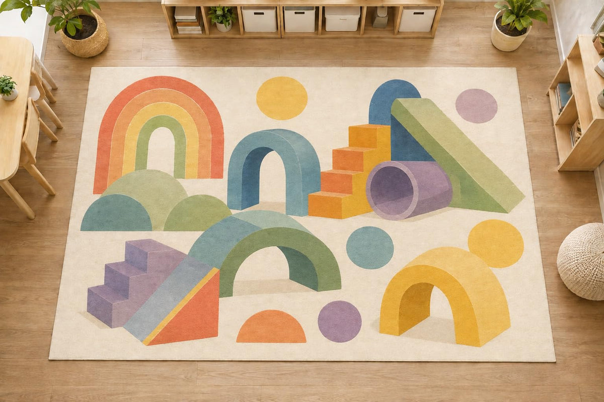 ICE ARMOR Large 6'7" x 9'10" Rainbow Geometric Shapes Area Rug, Soft Low Pile Indoor Rug with Non-Slip Silicone Backing for Nursery, Kids Room, Ivory