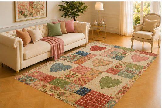 ICE ARMOR 5' x 7' Patchwork Heart Rug, Pastel Floral Quilting with Rustic Country Patterns, Sweet Floor Decor for Bedroom, Nursery, Craft Room or Cottage