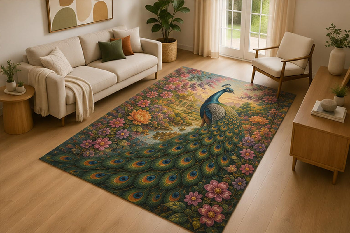 ICE ARMOR 5' x 7' Peacock Botanical Garden Area Rug for Living Room, Soft Low Pile Indoor Rug with Non-Slip Silicone Backing, Elegant Floral Decor for Bedroom, Dining Room, Family Room, Teal