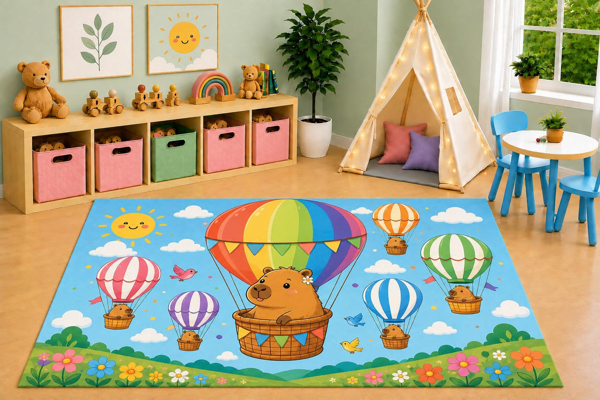 ICE ARMOR 5' x 7' Hot Air Balloon Capybara Area Rug, Cute Rainbow Balloon Adventure Cartoon Kids Playroom Nursery Bedroom Decor, Non-Slip Silicone Backing Low Pile