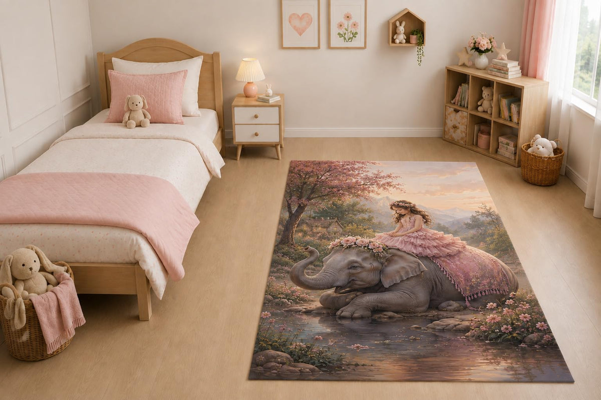 ICE ARMOR "Ultra Light Weight 5' x 7' Princess Elephant Ride Area Rug for Living Room, Bedroom and Home Office, Soft Low Pile Carpet with Non-Slip Silicone Backing, Pink and Gray