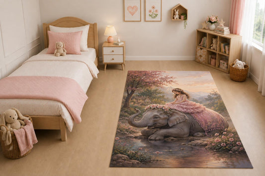 ICE ARMOR "Ultra Light Weight 5' x 7' Princess Elephant Ride Area Rug for Living Room, Bedroom and Home Office, Soft Low Pile Carpet with Non-Slip Silicone Backing, Pink and Gray