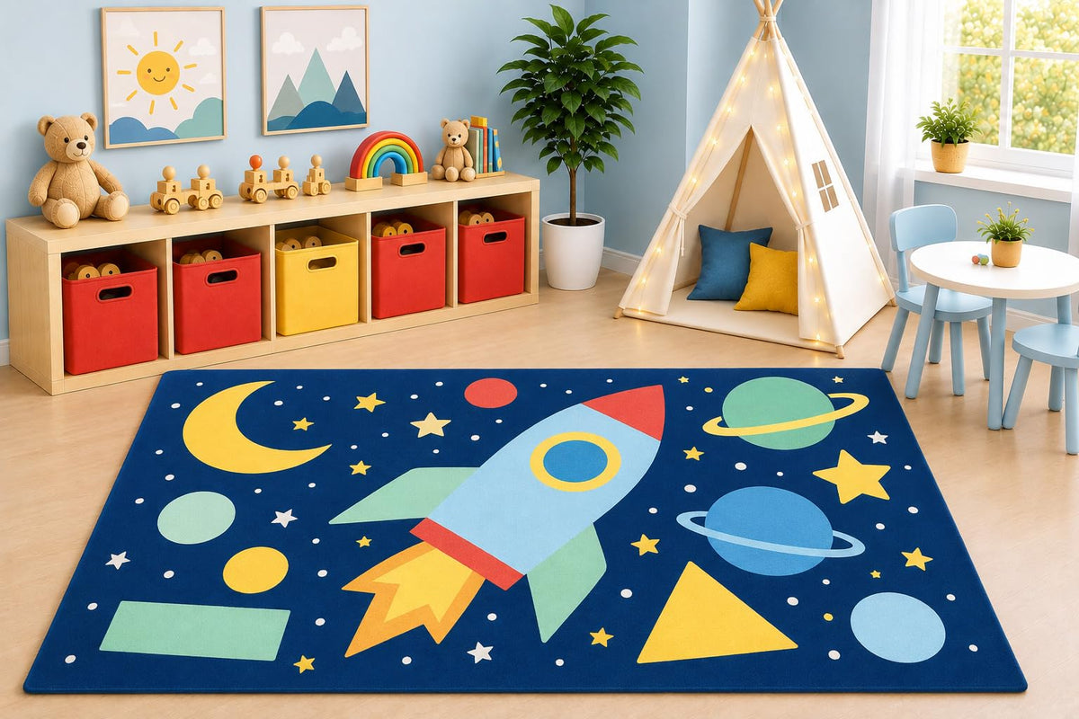 ICE ARMOR 5' x 7' Space Rocket Area Rug, Educational Solar System Planets Moon and Stars Learning Play Mat for Kids Bedroom Nursery Playroom, Non-Slip Silicone Backing Low Pile