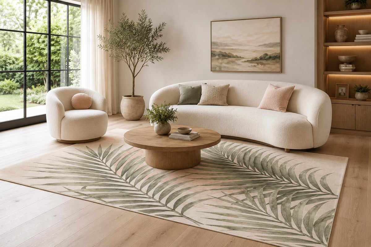 ICE ARMOR 6'7" x 9'10" Cream Blush and Sage Palm Leaf Area Rug with Layered Tropical Fronds and Soft Modern Shapes, Soft Low Pile Non-Slip Indoor Carpet for Living Room and Bedroom