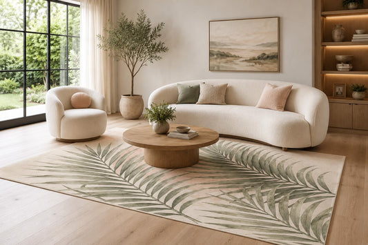 ICE ARMOR 6'7" x 9'10" Cream Blush and Sage Palm Leaf Area Rug with Layered Tropical Fronds and Soft Modern Shapes, Soft Low Pile Non-Slip Indoor Carpet for Living Room and Bedroom