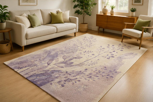 ICE ARMOR 5' x 7' Lavender Botanical Watercolor Area Rug for Living Room, Soft Low Pile Indoor Rug with Non-Slip Silicone Backing, Floral Carpet for Bedroom, Office, Family Room, Lavender Ivory