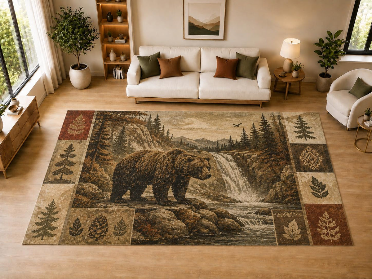 ICE ARMOR "Ultra Light Weight Large 6'7" x 9'10" Bear Waterfall, Living Room, Bedroom, Dining Room, Office, Family Room, Soft Low Pile Indoor Rug, Non-Slip Silicone Backing, Brown