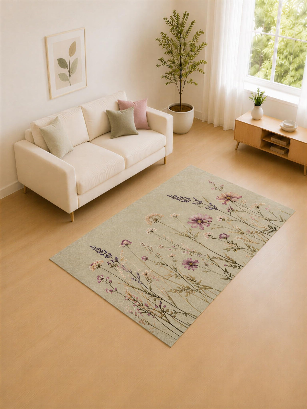 ICE ARMOR "Ultra Lightweight 5' x 7' Sage and Lavender Wildflower Meadow Area Rug for Living Room, Bedroom and Home Office, Soft Low Pile Carpet with Non-Slip Silicone Backing
