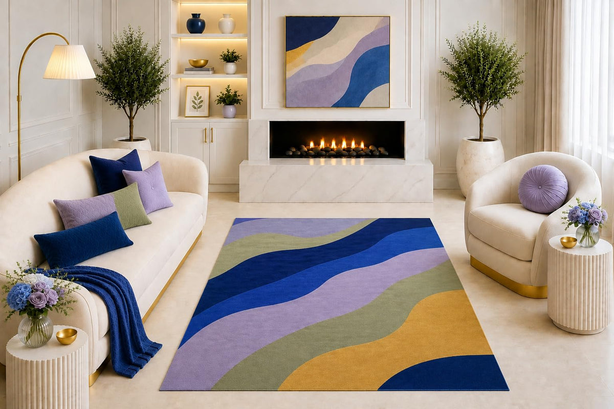 ICE ARMOR "Ultra Light Weight 5' x 7' Navy Blue Lavender Abstract Area Rug, Modern Wavy Geometric Stripe Design for Living Room Bedroom Dining Room, Non-Slip Silicone Backing Low Pile