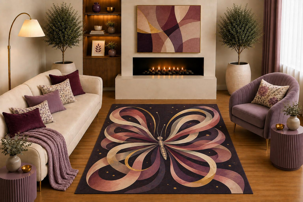 ICE ARMOR "Ultra Light Weight 5' x 7' Abstract Butterfly Area Rug Modern Boho Swirl Art in Plum Mauve Cream for Living Room Bedroom Office Decor Non-Slip Silicone Backing Low Pile