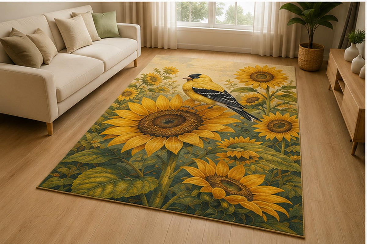 ICE ARMOR 5' x 7' Goldfinch Sunflower Garden Area Rug for Living Room, Soft Low Pile Indoor Rug with Non-Slip Silicone Backing, Botanical Bird Decor for Bedroom, Office, Family Room, Yellow Green