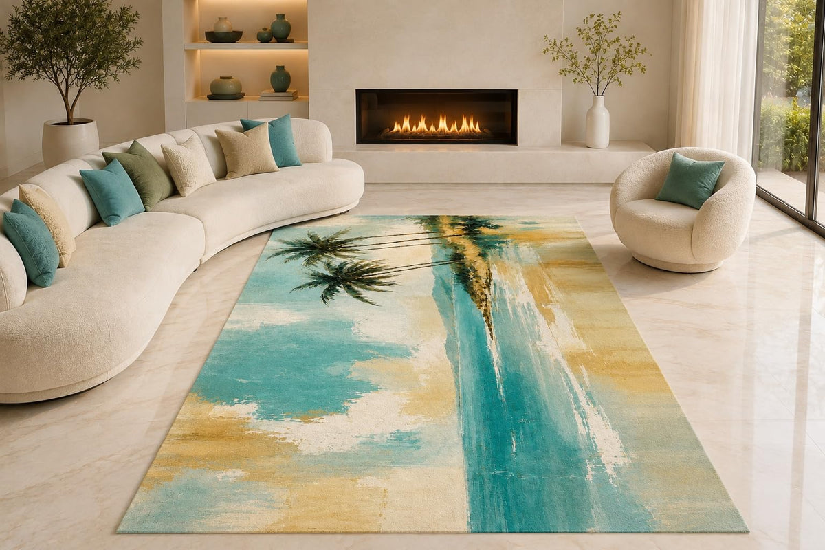 ICE ARMOR "Ultra Lightweight Large 6'7" x 9'10" Beach Reflection Area Rug for Living Room, Bedroom and Home Office, Soft Low Pile Carpet with Non-Slip Silicone Backing, Aqua and Beige