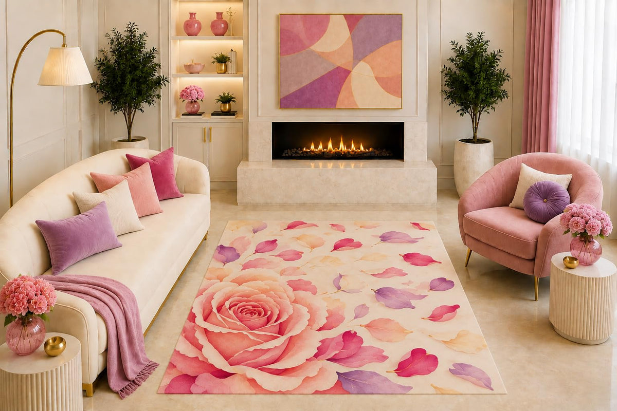 ICE ARMOR "Ultra Light Weight 5' x 7' Pink Rose Petal Area Rug Romantic Watercolor Floral Art Purple Peach for Living Room Bedroom Girls Room Nursery Non-Slip Silicone Backing Low Pile