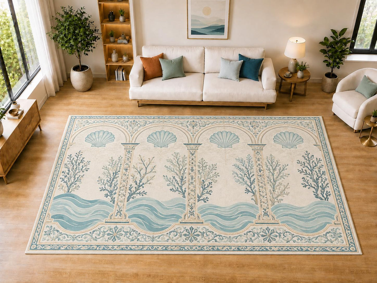 ICE ARMOR "Ultra Light Weight Large 6'7" x 9'10" Seashell Arches Area Rug for Dining, Living Room, Bedroom, Soft Low Pile Indoor Rug with Non-Slip Silicone Backing, Aqua Cream