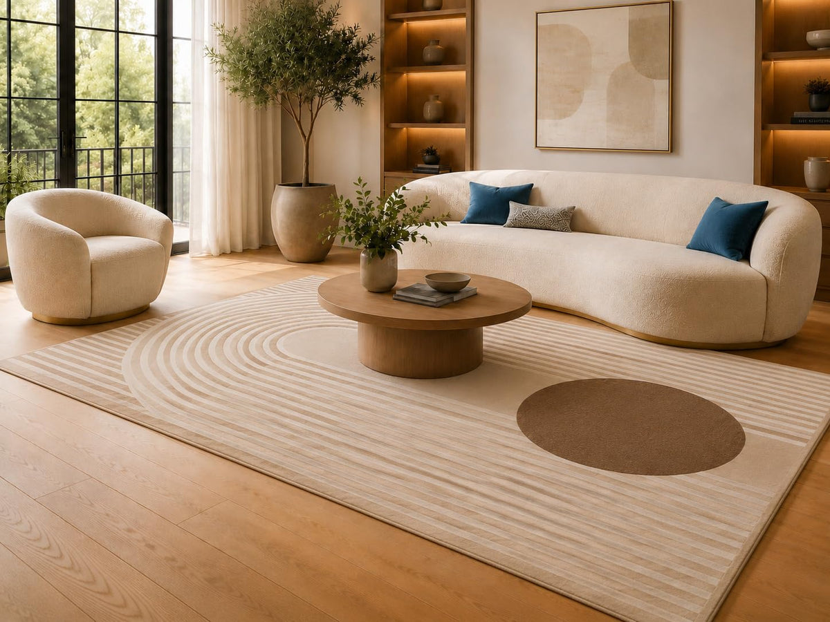 ICE ARMOR 6'7" x 9'10" Brown and Cream Retro Arch Lines Area Rug for Living Room, Soft Low Pile Carpet with Non-Slip Silicone Backing, Floor Decor for Bedroom, Dining Area and Home Office