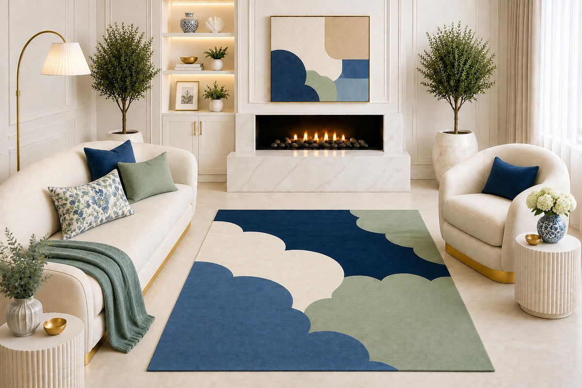 ICE ARMOR "Ultra Light Weight 5' x 7' Navy Blue Sage Green Abstract Area Rug, Modern Scallop Cloud Design for Living Room Bedroom Dining Room, Non-Slip Silicone Backing Low Pile