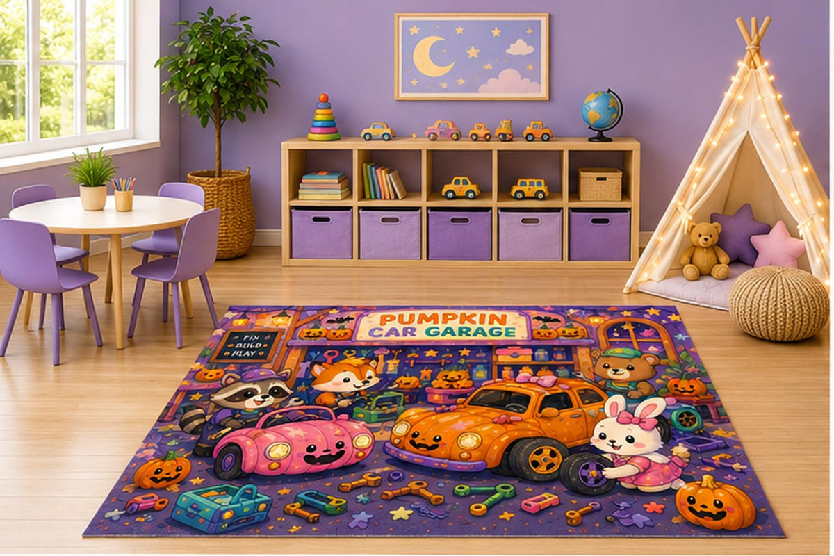 ICE ARMOR 5' x 7' Pumpkin Car Garage Kids Area Rug, Cute Woodland Animals Auto Repair Workshop Cartoon Playroom Nursery Bedroom Decor, Non-Slip Silicone Backing Low Pile