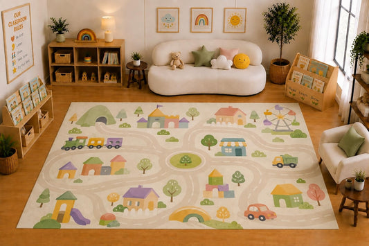 ICE ARMOR Large 6'7" x 9'10" Kids Town Road Play Area Rug for for Kids Room, Classroom, Bedroom, Playroom Decor, Soft Low Pile Indoor Rug with Non-Slip Silicone Backing, Cream Pastel Multicolor