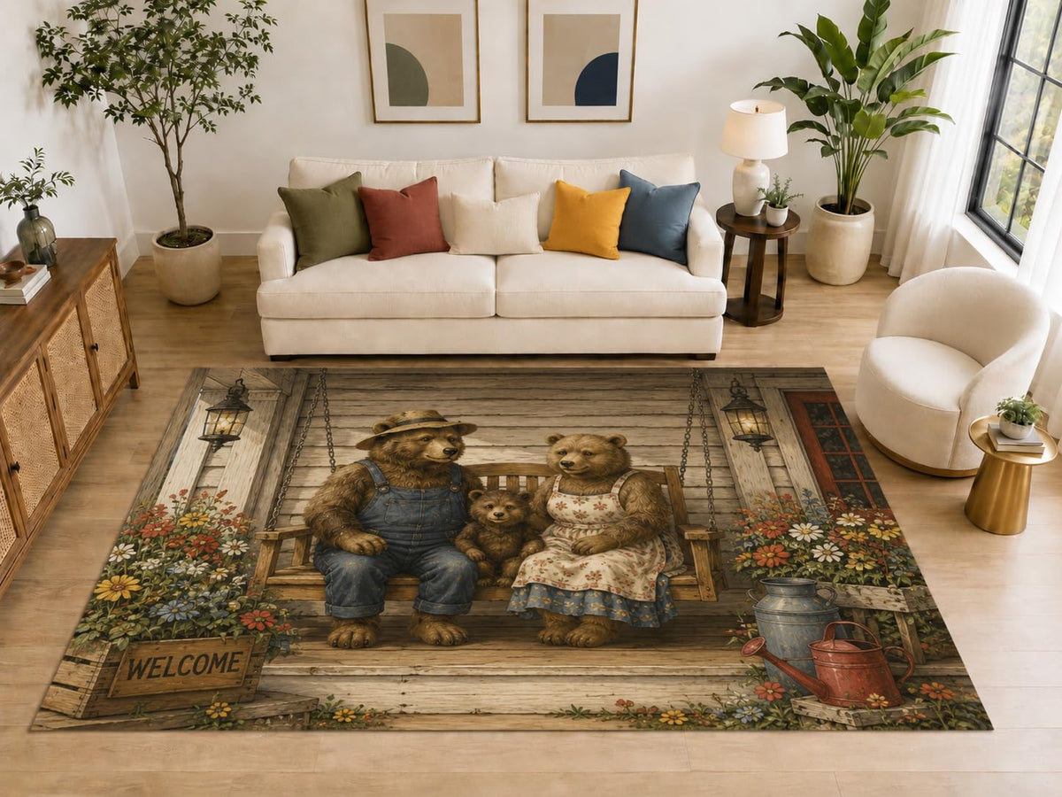 ICE ARMOR "Ultra Light Weight Large 6'7" x 9'10" Bear Family Porch Area Rug, Soft Low Pile Indoor Rug, Non-Slip Silicone Backing, Family Room, Brown
