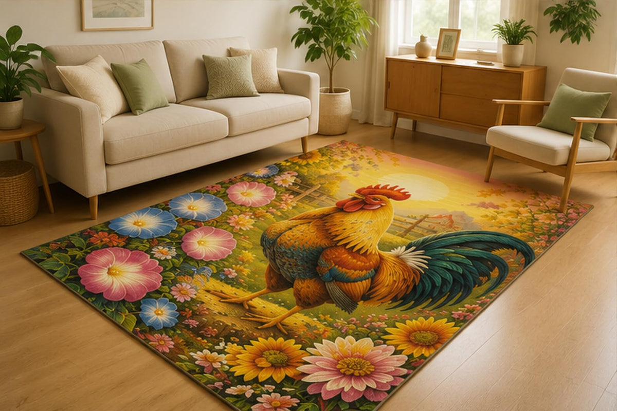 ICE ARMOR 5' x 7' Rooster Sunrise Garden Area Rug for Living Room, Soft Low Pile Indoor Rug with Non-Slip Silicone Backing, Farmhouse Carpet for Bedroom, Dining Room, Family Room, Yellow Blue