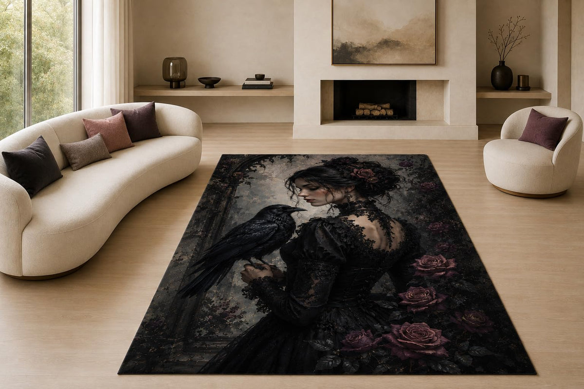 ICE ARMOR "Ultra Lightweight Large 6'7" x 9'10" Gothic Raven Woman Area Rug for Living Room, Bedroom and Home Office, Soft Low Pile Carpet with Non-Slip Silicone Backing, Black and Purple