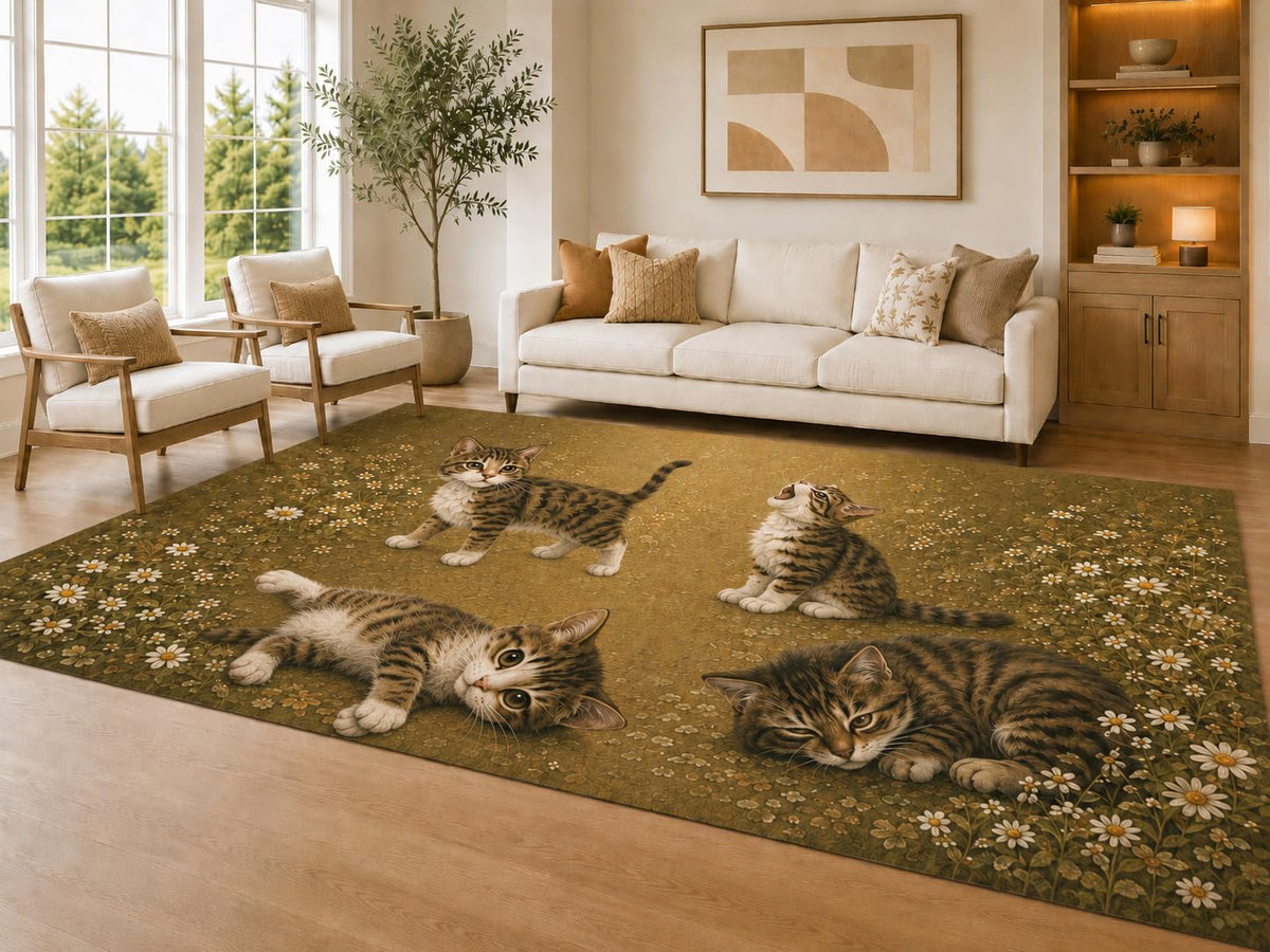 ICE ARMOR Large 6'7" x 9'10" Brown and Cream Kitten Quartet Area Rug for Living Room, Soft Low Pile Carpet with Non-Slip Silicone Backing, Decor for Bedroom Dining Room and Home Office