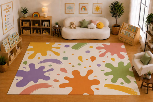 ICE ARMOR Large 6'7" x 9'10" Paint Splatter Abstract Area Rug for Kids Room, Classroom, Bedroom, Playroom Decor, Soft Low Pile Indoor Rug with Non-Slip Silicone Backing, Pastel Multicolor