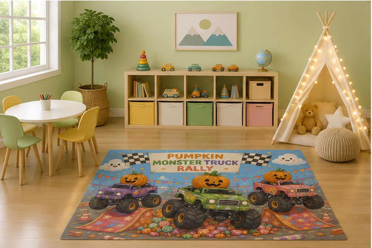 ICE ARMOR 5' x 7' Pumpkin Monster Truck Rally Kids Area Rug, Cute Halloween Monster Trucks Racing Cartoon Playroom Nursery Bedroom Decor, Non-Slip Silicone Backing Low Pile