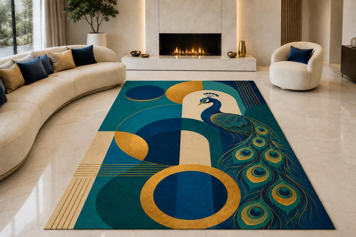 ICE ARMOR "Ultra Lightweight Large 6'7" x 9'10" Modern Peacock Area Rug for Living Room, Bedroom and Home Office, Soft Low Pile Carpet with Non-Slip Silicone Backing, Teal and Golden Color