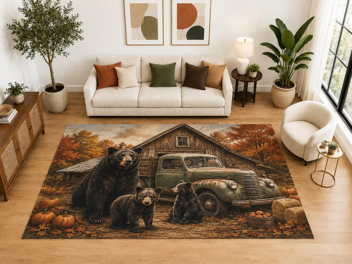 ICE ARMOR "Ultra Light Weight Large 6'7" x 9'10" Bear Family Truck Area Rug, Soft Low Pile Indoor Rug, Non-Slip Silicone Backing, Family Room, Brown