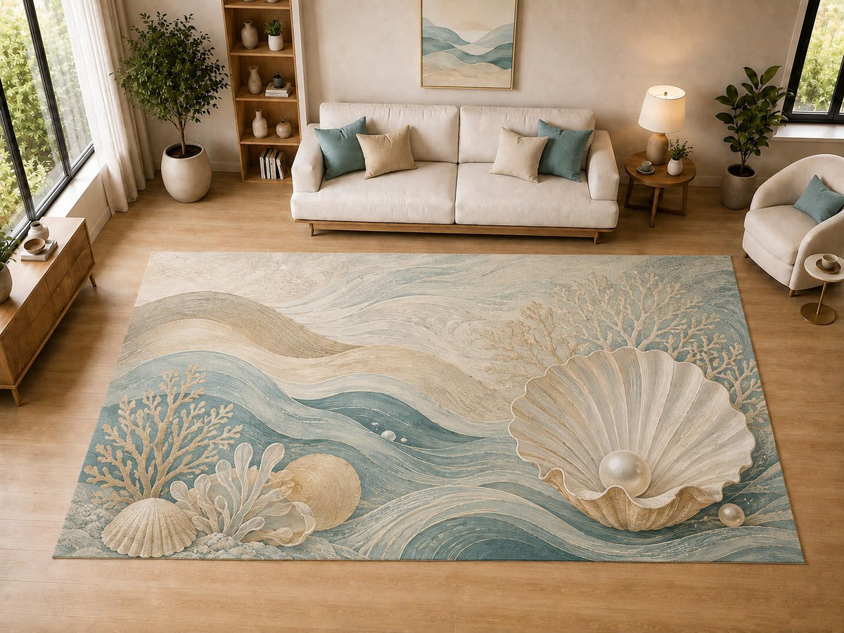 ICE ARMOR "Ultra Light Weight Large 6'7" x 9'10" Shell Pearl, Living Room, Bedroom, Dining Room, Office, Family Room, Soft Low Pile Indoor Rug, Non-Slip Silicone Backing, Aqua