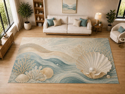 ICE ARMOR "Ultra Light Weight Large 6'7" x 9'10" Shell Pearl, Living Room, Bedroom, Dining Room, Office, Family Room, Soft Low Pile Indoor Rug, Non-Slip Silicone Backing, Aqua