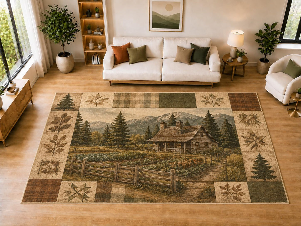 ICE ARMOR "Ultra Light Weight Large 6'7" x 9'10" Log Cabin Quilt Area Rug for Dining, Living Room, Bedroom, Soft Low Pile Indoor Rug with Non-Slip Silicone Backing, Brown Green