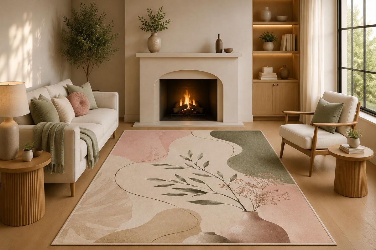 ICE ARMOR 5' x 7' Abstract Botanical Vase Area Rug with Non-Slip Silicone Backing Low Pile Soft Carpet for Living Room Bedroom Blush Pink Sage Green Decor