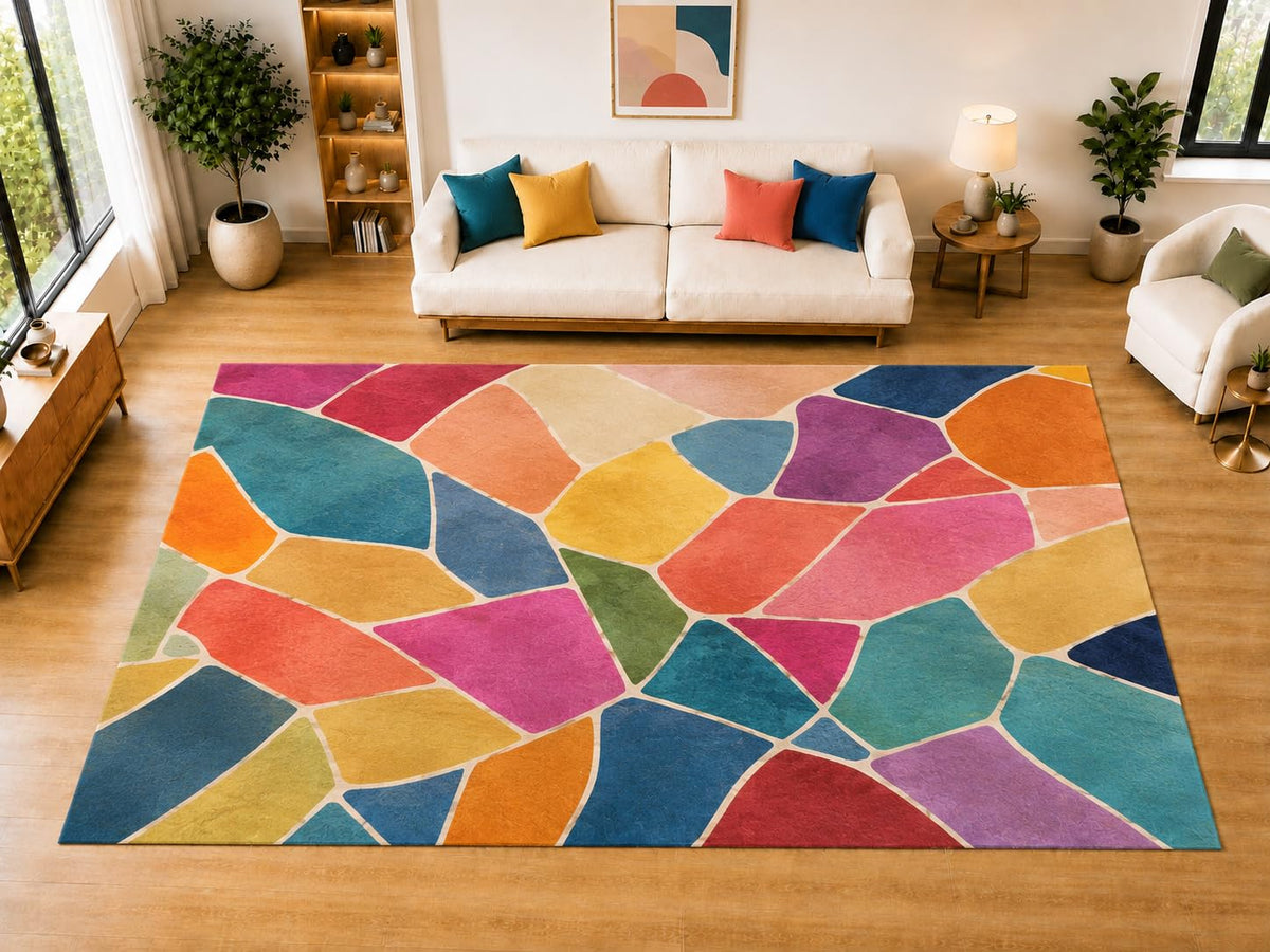 ICE ARMOR "Ultra Light Weight Large 6'7 x 9'10 Mosaic Stone Shapes Area Rug for Living Room, Dining Room, and Bedroom, Soft Low Pile Indoor Rug, Playful Floor Decor