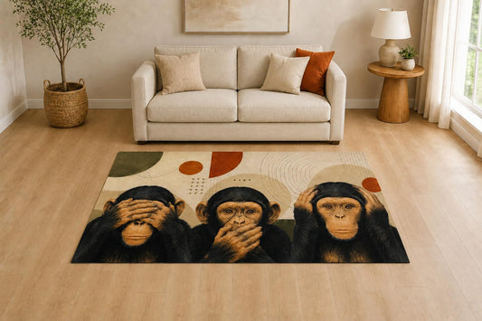 ICE ARMOR "Ultra Light Weight 5' x 7' Curious Chimp Trio Area Rug for Living Room, Bedroom and Home Office, Soft Low Pile Carpet with Non-Slip Silicone Backing, Brown and Beige