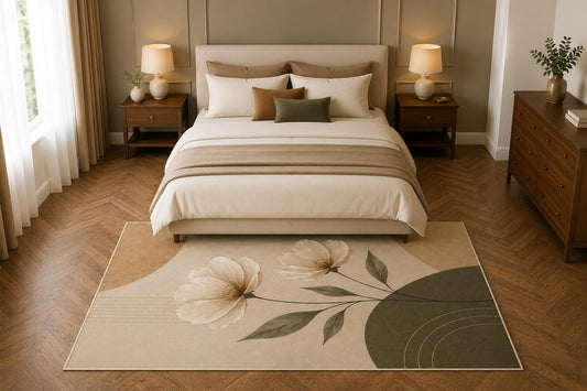 ICE ARMOR 5' x 7' Neutral Floral Blossom Area Rug, Modern Botanical Flower Living Room Bedroom Decor, Non-Slip Silicone Backing Low Pile Carpet