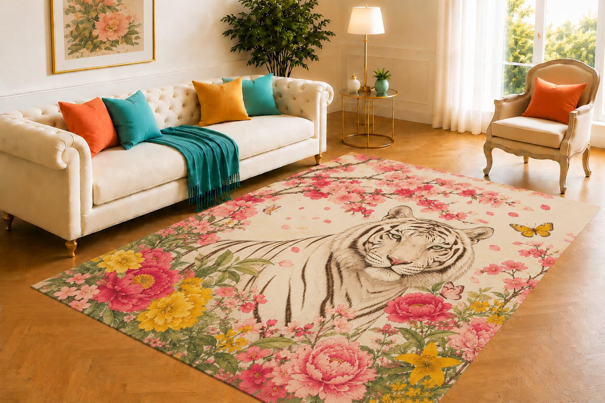 ICE ARMOR 5' x 7' Woodland Deer Family Area Rug for Living Room,Soft Low Pile Indoor Rug with Non-Slip Silicone Backing,Decorative Carpet for Bedroom,Dining Room,Office,Beige