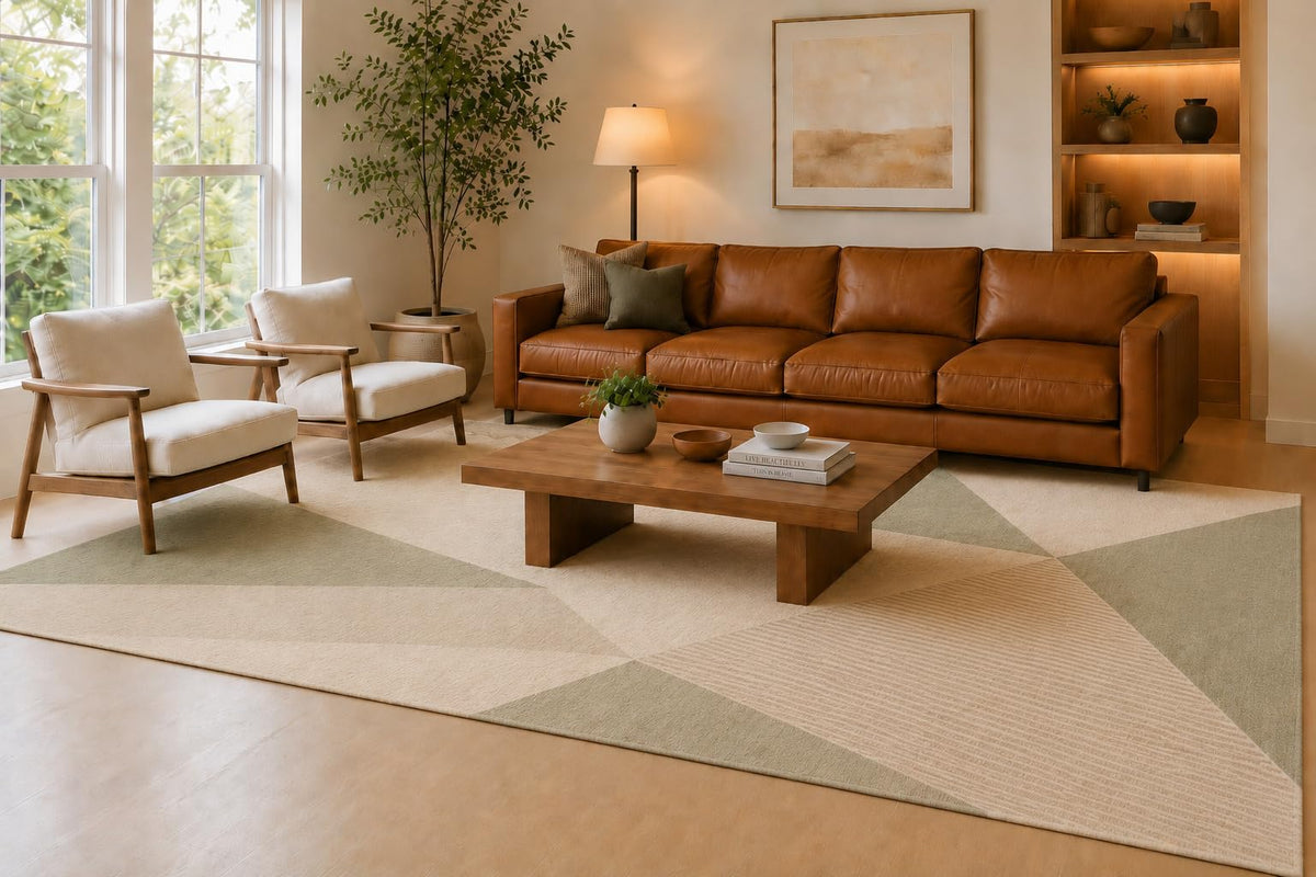 ICE ARMOR Large 6'7" x 9'10" Cream, Sage and Taupe Angled Panels Area Rug for Living Room, Soft Low Pile Carpet with Non-Slip Silicone Backing, Floor Decor for Bedroom, Dining Area and Home Office