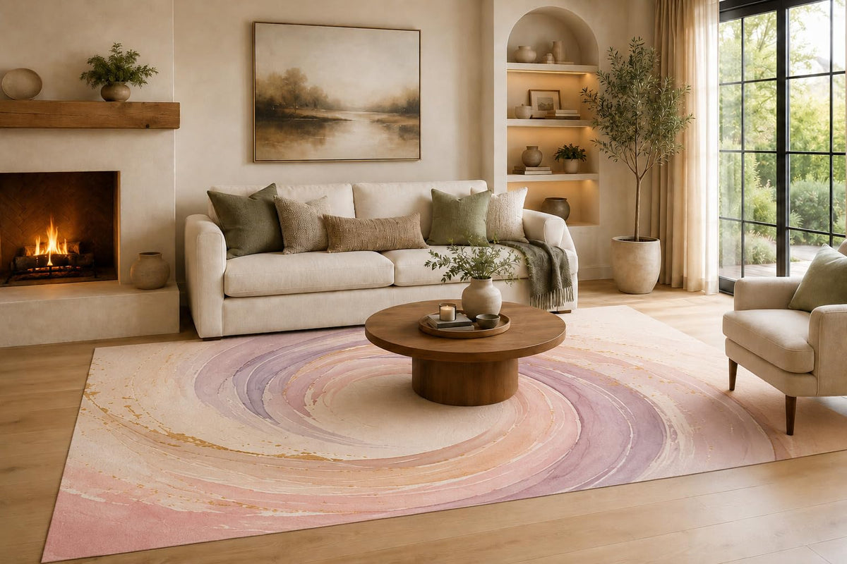 ICE ARMOR Large 6'7" x 9'10" Lavender and Blush Pink Violet Vortex Area Rug for Living Room, Soft Low Pile Carpet with Non-Slip Silicone Backing, Decor for Bedroom, Dining Area and Home Office